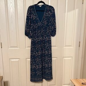 Max Studio Forest Green Floral Wrap Maxi Dress with 3/4 Sleeves